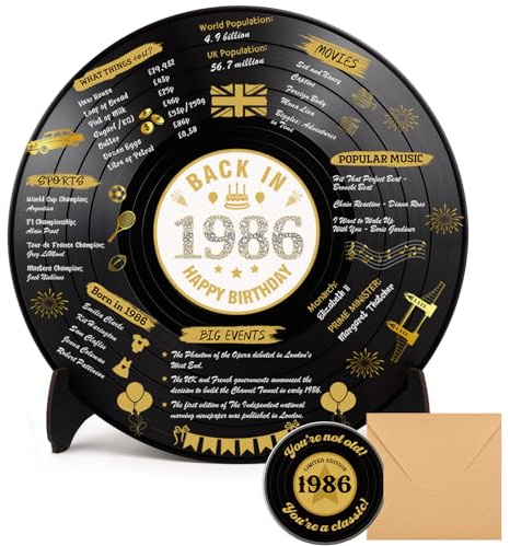 WenmthG 40th Birthday Gifts for Women Men - Large Vinyl Record 40th Birthday Decoration with Wooden Stand Greeting Card Envelope - Back in 1986 Party Supplies Sign Poster - Guest Book Alternative