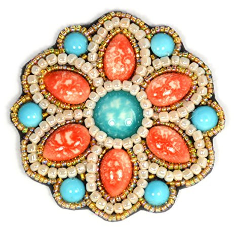 Broche Fleur Turquoise et Corail en Porcelaine et Perles de Verre - Bijou Fantaisie