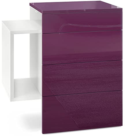 Vladon Nachttisch Queens, Made in Germany, Nachttischschrank mit 2 Schubladen und 1 seitlichem Fach zur Wandmontage, Weiß matt/Brombeer Hochglanz (60 x 63 x 36 cm)