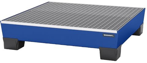 eurokraft | pro | Stahl-Auffangwanne mit Kunststoff-Füßen | LxBxH 1240 x 1210 x 295 mm | blau | mit Gitterrost