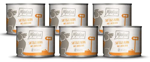 MjAMjAM - Premium Nassfutter für Hunde - saftiges Huhn mit zarter Ente an Möhrchen und gekochter Hirse, 6er Pack (6 x 200 g), naturbelassen mit extra viel Fleisch