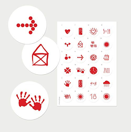 24 Adventskalenderzahlen BILDERKNIFFL rot auf weiss, witzige Adventskalender Zahlenaufkleber, Rätsel, Kinder, Zahlensticker, Advent