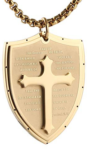 HZMAN Armor of God Ephesians 6:16-17 Edelstahl Glaube Kreuz Schild Halskette Anhänger für Männer Schmuck Geschenk (Gold)