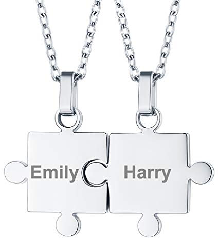 PROSTEEL personalisiert Puzzle Teil Anhänger Halskette für 2 anpassbare Name Gravur mit Edelstahl 55cm/2mm Rolokette Modeschmuck für Liebepaar Freundschaft
