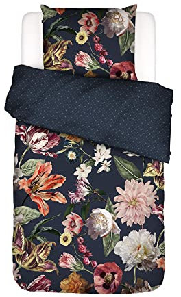 ESSENZA Bettwäsche Filou Dunkelblau Blumen Blüten Floral Geblümt Sterne Satin, Größe:155 cm x 220 cm