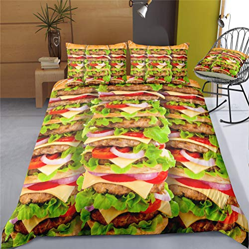 MIUNNG Jugend Student 3D Freizeit Essen Serie Bettbezug Kreativ Pizza Burrito Hamburger Pommes Frites Spaghetti Snack Bettwäsche Set Geburtstag Geschenk (Burger, 135x200cm)