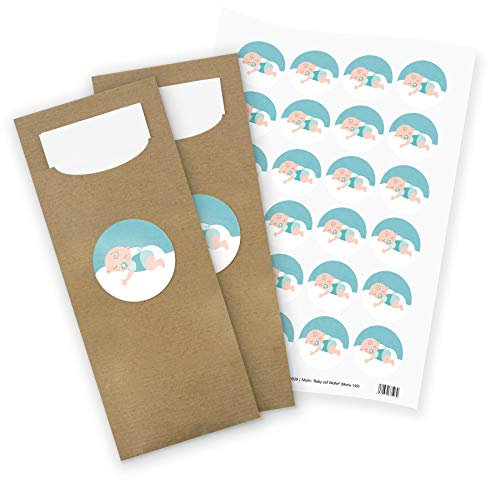 itenga Motiv Baby auf Wolke Mint Türkis Pastell für Jungen & Mädchen Gast Geschenk Geburt Taufe 1. Geburtstag (24 Bestecktaschen inkl. Serviette + Motivsticker ohne Text)