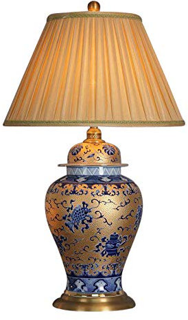 Fine Asianliving Chinesische Tischlampe Porzellan mit Schirm Gold und Blau Muster mit Lampenschirm E27 China Orientalische Tischleuchte Keramik Nachttischlampen Asia