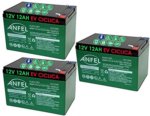 ANFEL Kit 3 BATTERIE al Piombo Ricaricabile 12V 36V 12AH CICLICA Batteria Uso CICLICO per Bici Biciclette ELETTRICHE MONOPATTINI Quad ELETTRICI TRAZIONE ELETTRICA FASTON 6,35mm Deep Cycle 6-DZM-12
