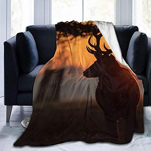 Decke Wohn Kuscheldecken Hirsch Silhouette Sonnenuntergang Twilight Zweige Maulkorb Hörner Park Sonne Semi Superweiche,Flauschige,Warme,Feste Bettüberwürfe Für Sofa-Mikrofaserdecken 80X60 Inches