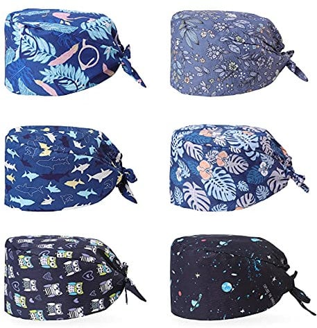 XiYee 6 Stück Arbeit Kappen, Verstellbare Baumwolle Schönheitshut Turban Kappe Bedruckte Sanft Kappen Unisex, Haarabdeckung mit Schweißband für Frauen Männer (A)
