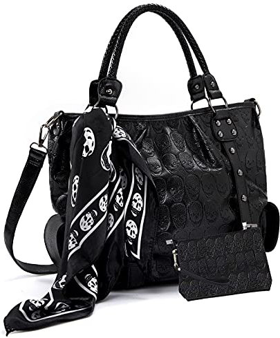 Revit Damen Handtasche mit Totenkopf-Motiv, PU-Leder, Geldbörse und Handgelenktasche, Schwarz (schwarz), Large