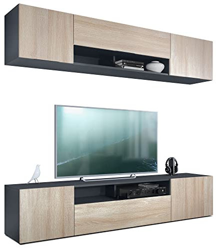 Vladon Wohnwand Mogan mit Zwei 181 x 39 x 35 cm Elementen, hängende Wohnzimmer Anbauwand mit 12 Fächern, Korpus in Anthrazit matt, Fronten in Eiche sägerau