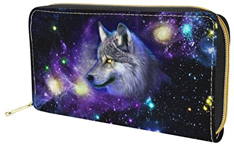 Dolyues Galaxy Animal Wolf Print Damen Geldbörse mit Reißverschluss Münzfach Pu-Leder Geldbörse Damen Große Kapazität Multi Cred