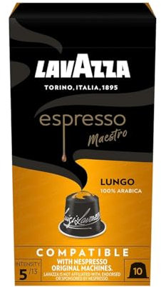 Lavazza Espresso Maestro Lungo, cápsulas de aluminio compatibles con Nespresso, cero impacto de CO2, 10 cápsulas, 56 g