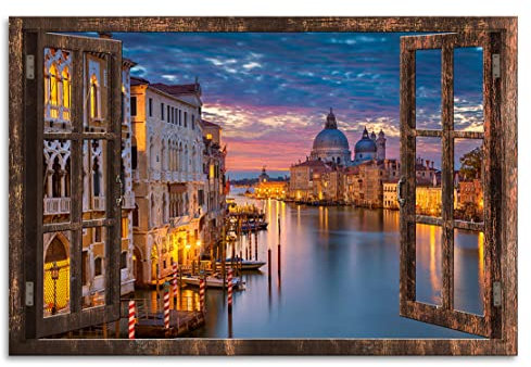 Kunstgestalten24 Leinwandbild Venedig Fensterblick bei Nacht Wandbild Kunstdruck Raum- u. Wanddekoration Übergrößen