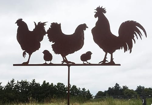 Hühner auf der Stange 67x32cm Geflügel Huhn Hahn Küken Gartenstecker Edelrost Gartendeko Rost Metall Rostfigur von Steinfigurenwelt