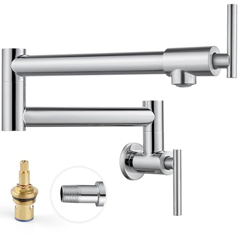 Cinwiny Pot Filler Faucet Wall Mounted Folding Stretchable Kitchen Sink Water Tap with Double Joint Swing Arm Single Hole Two Handles Restaurant Kitchen Faucets, Polish Chrome, T-Shape Handle