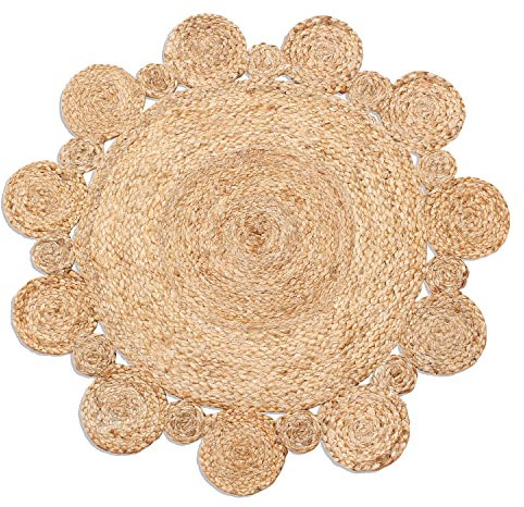 INDIAN ARTISTIC Jute-Flickenteppich, 9,6 x 9,1 cm, handgewebter und wendbarer Teppich, Jute-Flickenteppich, handgefertigter, wendbarer, geflochtener Flickenteppich, natürlicher runder Teppich,