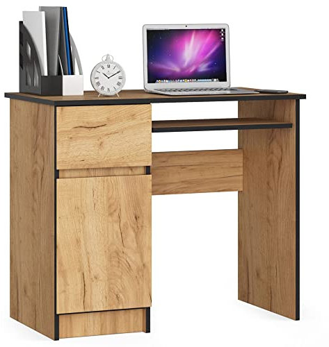 AKORD Piksel Schreibtisch Klein mit Schubladen | Computertisch | Bürotisch mit Tastaturablage | Schublade und Fach mit Tür | B90 x H77 x T50 cm | 30 kg | Schrank Links | Farbe: Handwerk Eiche