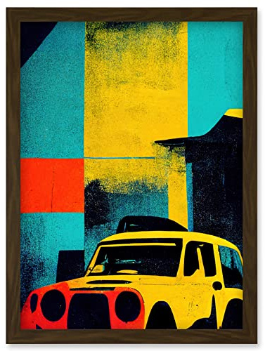 Wee Blue Coo Andy Warhol Inspired Modern Abstract Car Taxi Yellow Orange Teal Black Artwork Framed Wall Art Print A4