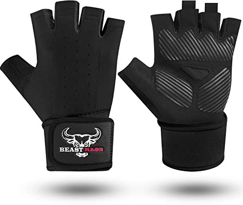 BEAST RAGE Gewichtheberhandschuhe für Herren und Damen, Handgelenkstütze, gepolstert, Handflächenschutz, atmungsaktiv, eng anliegend, für Fitness, Training, Fitnessstudio-Handschuhe (Schwarz, XL)