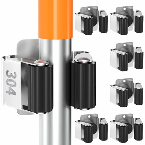 reliahom 6 Pack Broom Holder Wall Mount Stainless Steel Mop Hanger Organization Heavy Duty Garage Storage System Garden Laundry Kitchen Tool Organizer General Purpose Storage Rack(Black)