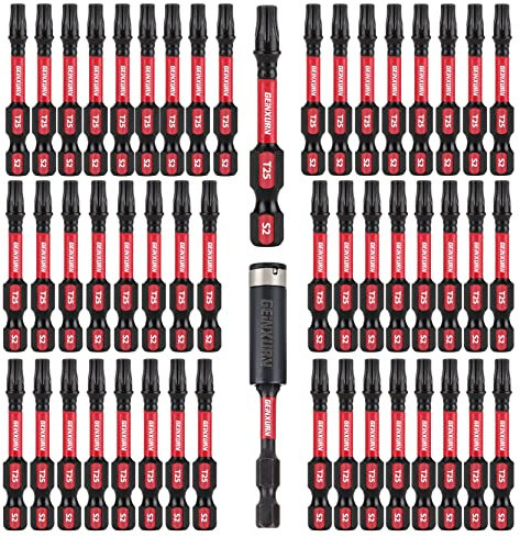 GEINXURN 50 piezas T25 2 pulgadas. Impacto resistente magnético #25 Torx Head Power Bits, S2 aleación de acero T25 puntas de destornillador Set con 1 soporte para brocas de impacto