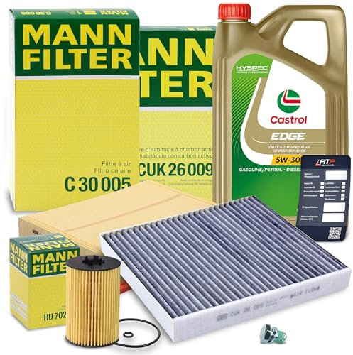 MANN-FILTER Inspektionspaket Filterset 1x Ölfilter, 1x Luftfilter, 1x Innenraumfilter (Aktivkohlefilter), 1x Ölablassschraube mit Dichtring, 1x Ölwechselanhänger, 1x Motoröl 5W-30 LL Edge Titanium 5l,