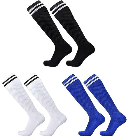MIVAIUN 3 Paires Chaussette Foot Enfant Longue Élastique Chaussettes de Sports Chaussettes Hautes D'entraînement pour Football, Basket-ball, Rugby, Course à Pied, 5 à 12 Ans (Black,Blue,White)