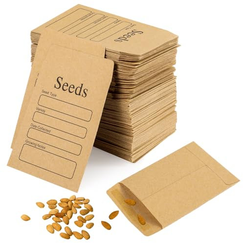 FRIUSATE 200 Pcs Seed Envelopes - Self-Adhesive Packets, 6 * 8cm Brown Kraft Paper Envelopes with Types Name Template for Money, Seeds, Notes, Beads