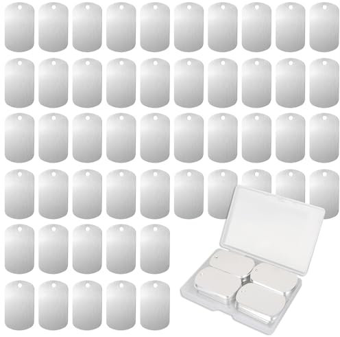 Fesorsi 50 Stück Aluminiumanhänger zum Gravieren, rechteckige Stanz-Rohlinge, silberfarbene Militär-Hundemarken, eloxierte Blanko-Metallanhänger, personalisierte Haustier-Hundemarken, blanko mit Loch,