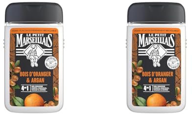 Le Petit Marseillais | Gel Douche Homme Bois d'Oranger & Argan (lot de 2 flacons de 250 ml) – Formule 4 en 1 corps, cheveux, visage & barbe – 92 % d'ingrédients d'origine naturelle et pH neutre