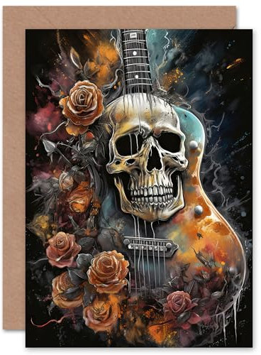 Artery8 Gitarre Mit Rosen Und Totenkopf Thrash Metal Musik Gothic Geburtstagskarte Grußkarte