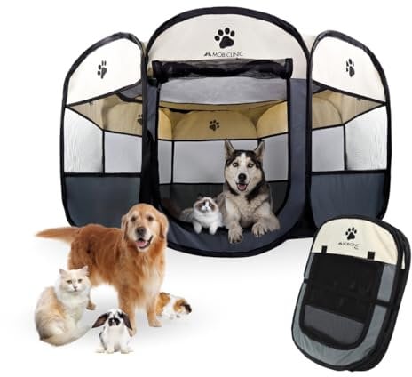 Mobiclinic® pets, Box Pieghevole Per Animali Domestici, 114x114x58 cm, Scooby, 2 accessi, 8 finestre, Elastico il ripiegamento, Interni ed esterni, Tessuto in rete 600d, Facile da pulire, Grigio
