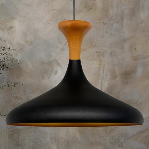 bamyum Champion Pendelleuchte Schwarz aus Holz und Metall 35 cm, Hängelampe Esstisch, Küchenlampe Hängend E27, Kinderzimmer, Schlafzimmer, Wohnzimmer
