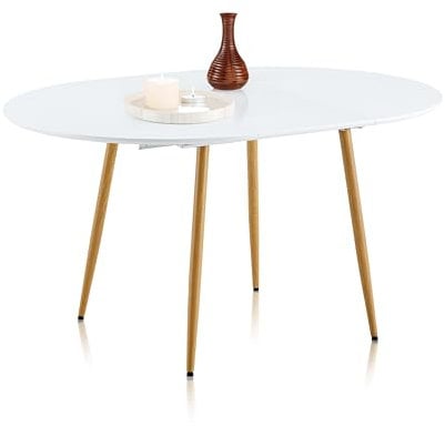 duehome | Oda, Mesa de Comedor Redonda Extensible, Mesa Ovalada, Acabado en Blanco y Roble, Medidas: 100-140 cm (Largo) x 100 cm (Ancho) x 75 cm (Alto)