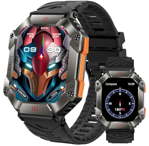 JELLOO Taktische Smartwatch für Herren (Zifferblatt/Annehmen von Anrufen), 5,1 cm (2 Zoll) Fitness-Tracker-Uhr mit Herzfrequenz-/Schlafmonitor/über 100 Sportmodi, IP67 wasserdicht, kompatibel mit