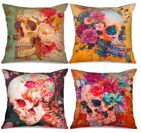 Tucocoo Böse Schädel Blumen Bild Kissenbezüge Halloween Tag der Toten Kissen Dekorative Set von 4 bunten Horror Stil Kissenbezüge Wurfkissenbezug für Sofa Krankenhäuser Medizinische Klinik Raumdekor