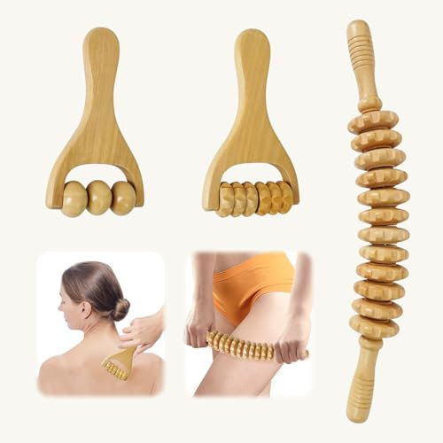 Lot de 3 Masseur Anti Cellulite Rouleau de Massage en Bois avec Poignée, Rouleau Massage Aanti Cellulite pour Drainage Lymphatique Soulagement des Douleurs Musculaires et Détente