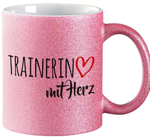 Huuraa Glitzer Kaffeebecher Trainerin mit Herz Geschenk 330ml Pink Trainerin Mitbringsel