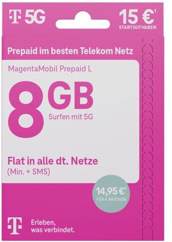 Telekom Magenta Mobil L Prepaid-Karte ohne Vertragsbindung: 15 EUR Startguthaben, 8 GB Highspeed-Volumen, LTE Max / 5G, Telefon- und SMS-Flat in alle dt. Netze (inkl. Festnetz)