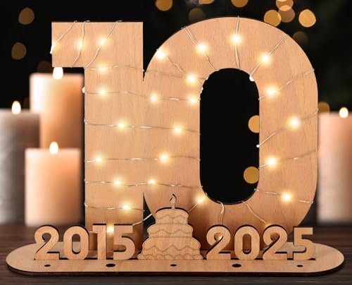 Giftota 2025 Originelle 10 Geburtstag Geschenk Frauen & Männer - Geldgeschenke Geburtstag 10 mit LED-Lichterketten - Dekorationen aus Holz - 10 Holz-Schild Gästebuch - Personalisierbares Geschenk