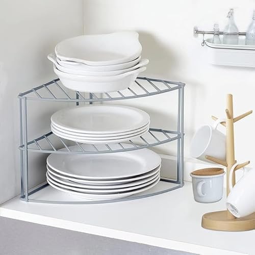 3-Tier Corner Kitchen Cupboard Organiser – Chrome Storage Rack for Plates, Mugs, Bowls, Dinner Sets, Space-Saving Shelf Unit Holder, Kitchen Storager, Cupboard Rack, Kitchen Accessories