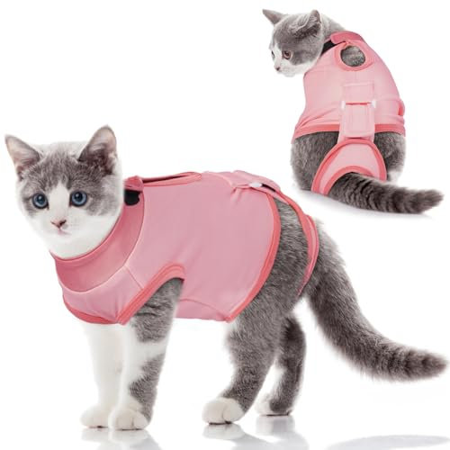 Katzenbody nach Op, Kastration Katze Body für Katzen Operation, Verstellbarer Rückenlänge Medical Pet Shirt, Atmungsaktiver Katzenanzug Gegen Lecken von Kastrations, Unterleibswunden, Rosa L