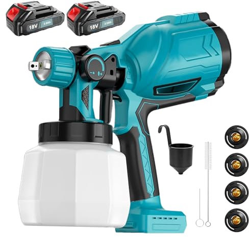 Akku farbsprühsystem 18V für Makita, Elektrisches farbsprühgerät mit 2PCS 3000mAh Batterien, Farbspritzpistole für Makita mit 4 Düsen 3 Muster für den Innen- und Außenbereich