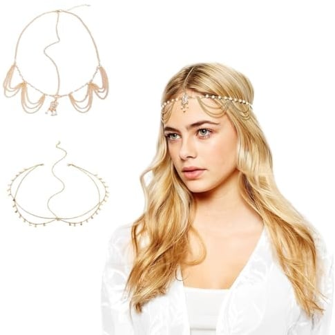 COYUN 2 Pcs Gold Göttin Kopfkette, Boho Stirnband Kopfschmuck, Pailletten Quaste Haarkette Kopfkette Braut Festival Kostüm Haarschmuck Stirnkette für Frauen und Mädchen(Golden)