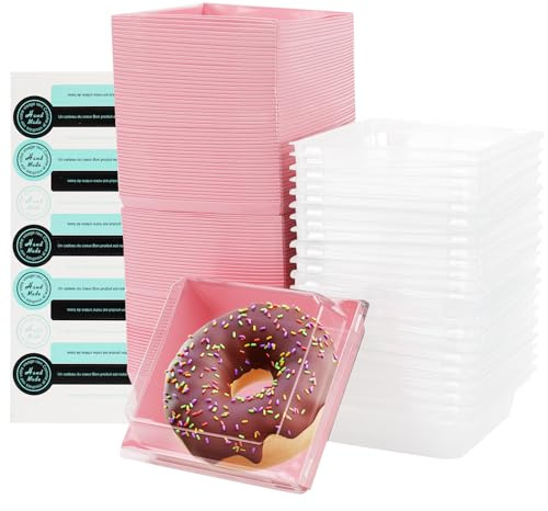PINGEUI 100 Pcs Cake Slice Boxes with Clear Lids, 5 Inch Paper Dessert Charcuterie Box, Cake Boxes with Stickers for Cakes Portions, Sandwiches, Cookie, Pink