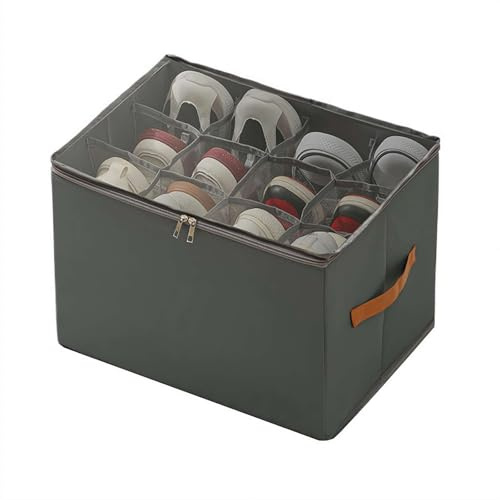 Shoe Organizer For Closet,Fabric Container With Handles And Clear Cover,Fabric Shoe Storage Bins Large Shoe Box Storage Containers,Collapsible Shoes Storage Bin,Adjustable Dividers Shoe Boxes