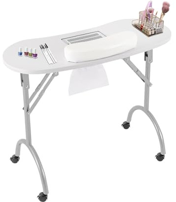 Nageltisch mit Staubsauger Klappbar 30kg Belastbar Staubdicht Gesundheitsschutz MDF Metallrohr Rollen mit Bremse Kunstleder Handgelenkstütze 220V Nagelstudio Set Faltbar (Weiß)
